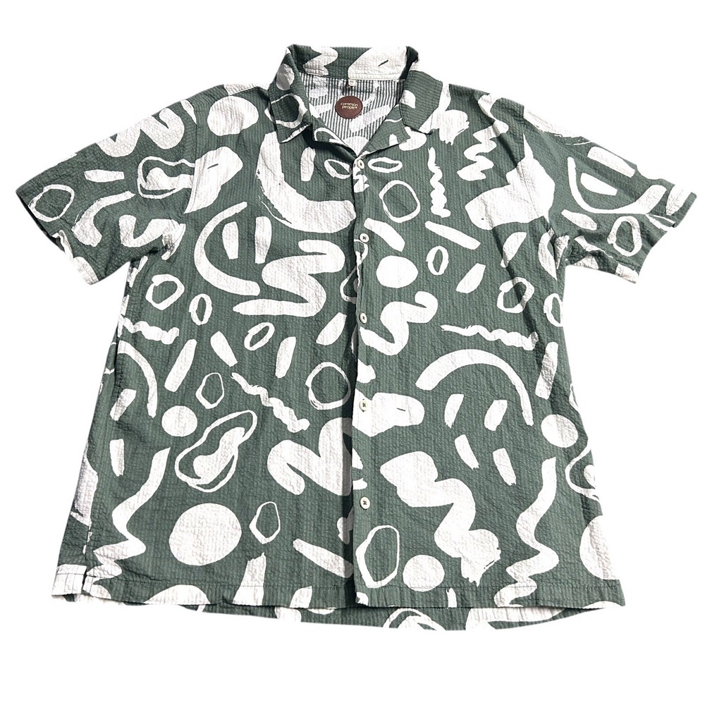 Common People Men's Shirt 100% Cotton Green White Surf Button Up Large Gauzy